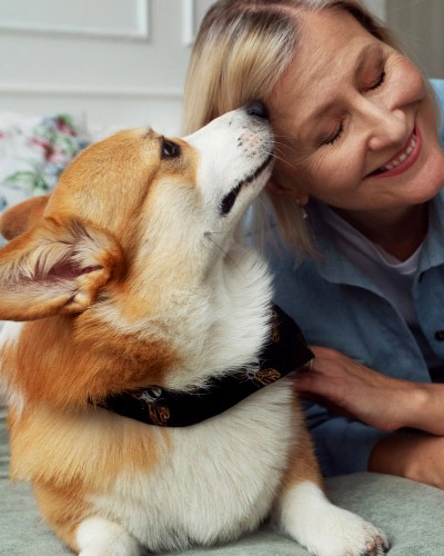 Elderly woman cuddling her Corgi for compassionate veterinary care